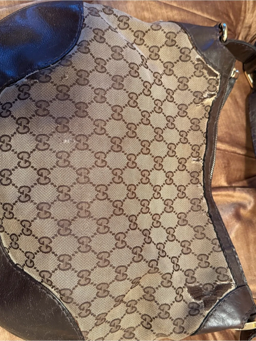 Gucci Beige GG Canvas Hobo with Dark Brown Leather Trim